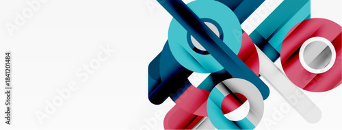 Abstract geometric shapes overlap, creating dynamic composition. Blue, red, white hues dominate minimalist design. Modern aesthetic.