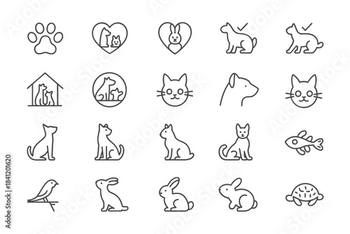 A collection of simple line icons depicting various domestic animals