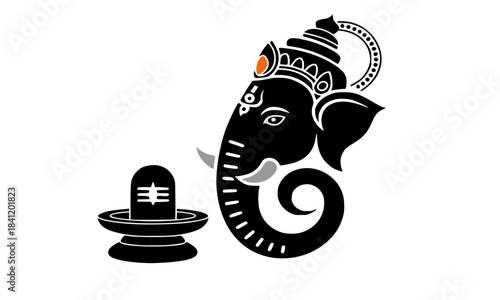 Lord Ganesha with Shivling, Hindu God Silhouette Art, Black Ganesh Icon, Shiva Lingam Illustration, Indian Religious Vector, Spiritual Minimal Line Art, Devotional Hinduism Artwork, Traditional Festiv