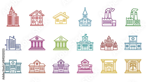 Colorful icons of various buildings