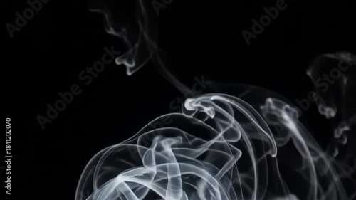 Abstract white smoke on black background, dynamic flowing patterns, ethereal and mysterious atmosphere.