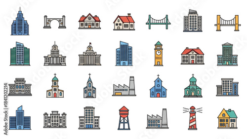 Collection of various city building icons and landmarks