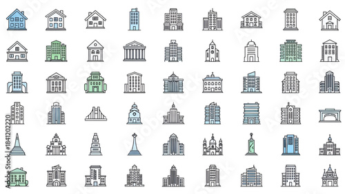 Collection of colorful building and architecture line icons for urban and city design concepts
