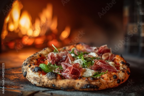 Gourmet pizza with prosciutto arugula and mozzarella in a wood fired oven