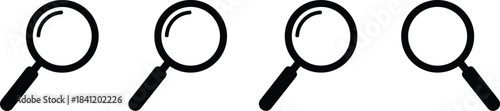 Set of four minimalist black outline magnifying glass icons, representing searching, focus, investigation, zoom, analysis, and discovery concepts on a pure white background.