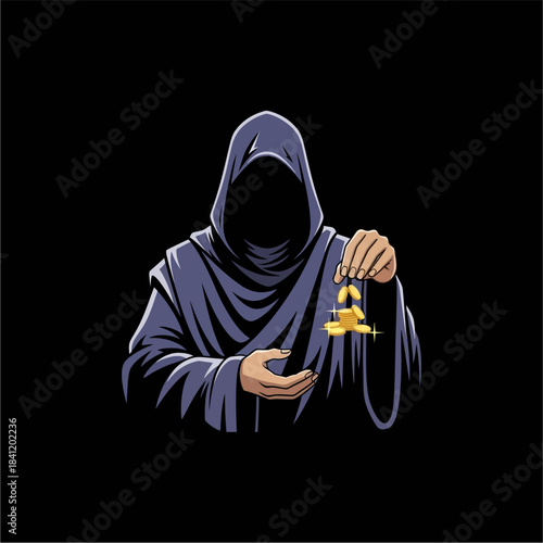 A hooded figure in a dark purple robe is depicted holding a bulging sack of gold coins, with several coins spilling out onto the ground behind them.