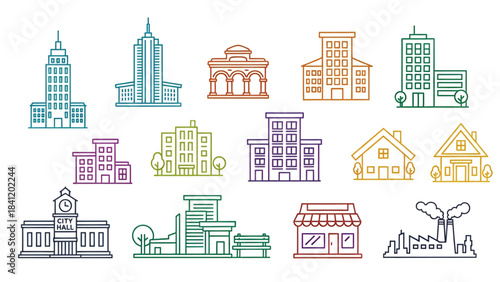 Collection of colorful building and architecture line icons for urban and city design concepts
