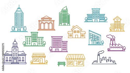 Colorful city buildings and landmarks