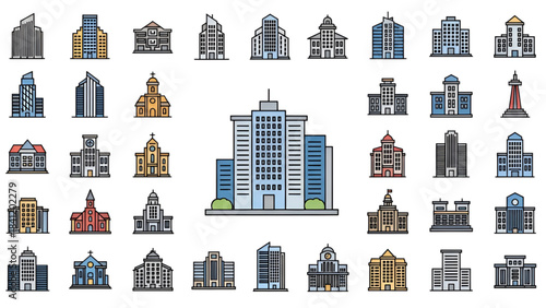 Collection of colorful building and architecture line icons for urban and city design concepts
