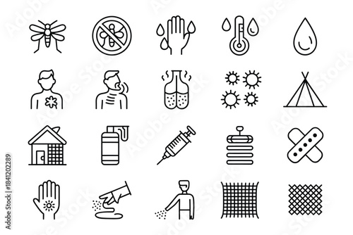 A collection of health safety and environmental protection related line icons