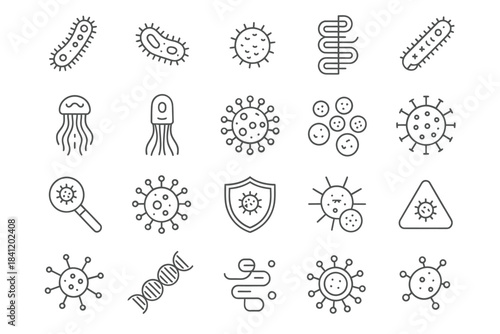 Line art depiction of various microorganisms viruses and cellular structures