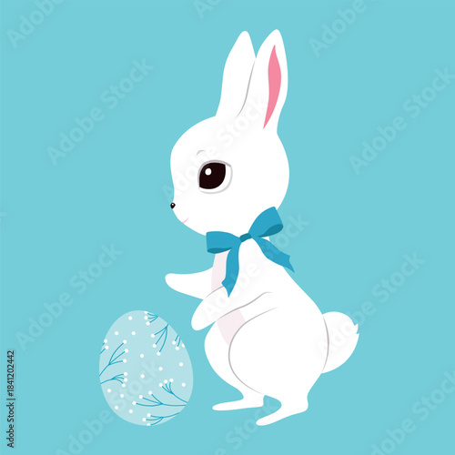 Cute white Easter bunnies, color clothes, cutie bows, pattern eggs. Spring collection. Sticker design. Set of easter eggs, pretty rabbits. Happy Easter. Greeting cards, birthday decoration, poster art