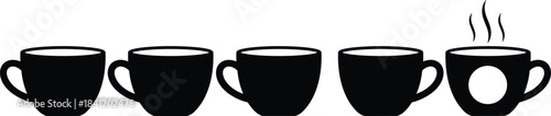 Line of five solid black coffee cup or mug icons, featuring one hot, steaming cup that is highlighted, symbolizing break time, beverage consumption, and selection concept.
