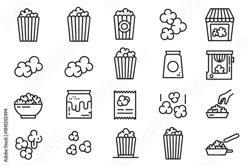 Line art illustrations of popcorn containers and movie snacks