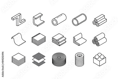 Isometric illustrations of various stacked and rolled material shapes