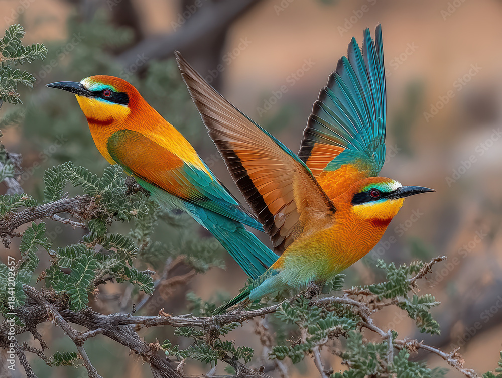 Obraz premium Pair of colorful birds with vibrant orange, yellow, green and turquoise feathers perched on thorny branches in natural outdoor setting with blurred background