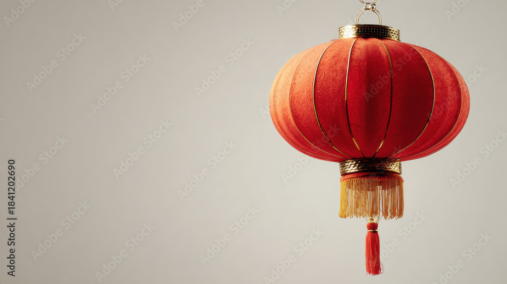 Obraz premium Traditional red Chinese lantern with gold tassels hanging against white background. Decorative oriental lamp for Lunar New Year celebration.