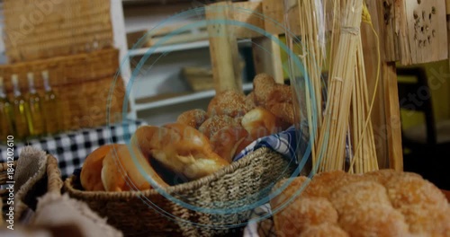 DATA PROTECTION appearing, camera closing while cyan rings centering on basket showing bun texture