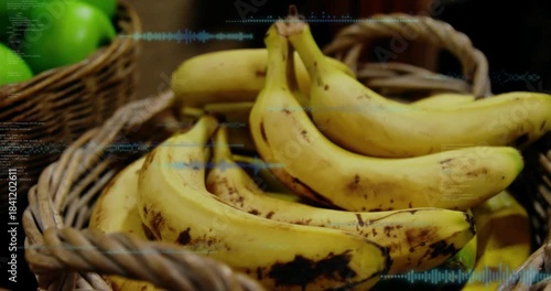 Blue scanline sweeping camera shifting focus bananas resting with green apples left showing texture