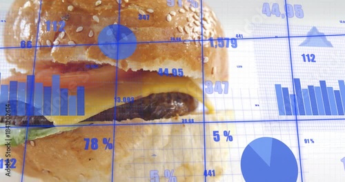 Blue overlay popping on and sliding across close-up cheeseburger while charts updating to show %
