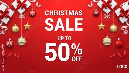 Christmas Sale Poster Template – Modern Vector Holiday Discount Design with Gifts & Ornaments