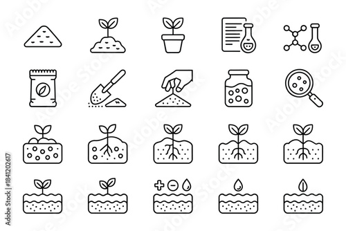 Stages of plant growth gardening tools and scientific elements in line art