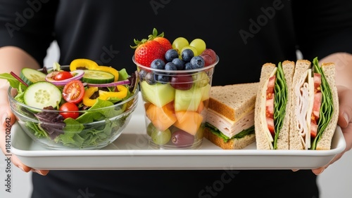 Diverse healthy meal with fresh salad, fruit cup, and turkey sandwich on tray