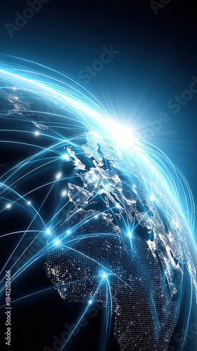 Global network connectivity digital technology earth planet data internet visually links cities across illuminated globe showing fast information flow and dynamic connection illuminating night sky