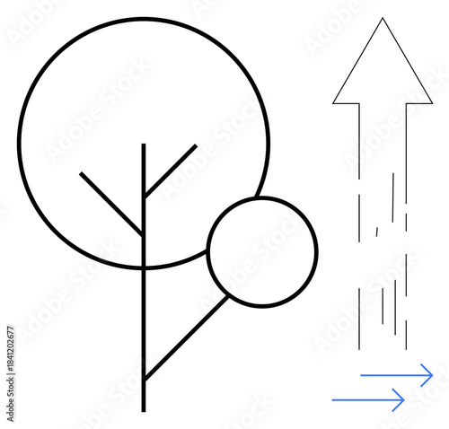 Growth, sustainability, progress, direction, nature, innovation. Abstract tree with circles and lines next to an upward arrow. Growth and sustainability visualization, with hints of progress