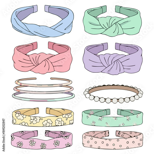 Variety of fashionable women's headbands and chic bracelets. Features twisted, knotted, patterned fabric styles for hair and elegant wrist accessories