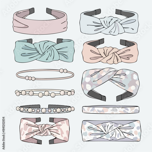 Fashionable collection of headbands and bracelets featuring diverse styles, knot details, and pearl embellishments in soft pastel hues, ideal for accessory design and clothing templates