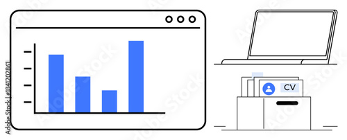 Recruitment process. Recruitment illustrated by a graph, digital CV management, and a laptop. Recruitment visualizing job applications and candidate data. For HR, analytics, management, hiring