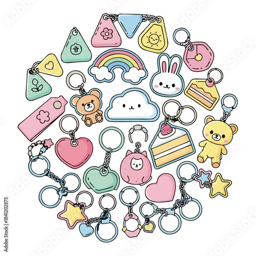 Collection of cute and colorful kawaii-style keychains and charms shaped like animals, food, and objects arranged in a circle