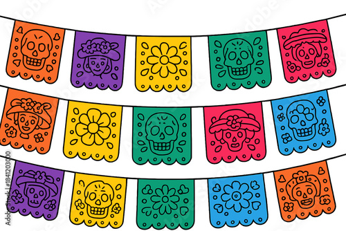 Colorful papel picado banners hang across a space for a cultural celebration in a bright and lively setting during daytime