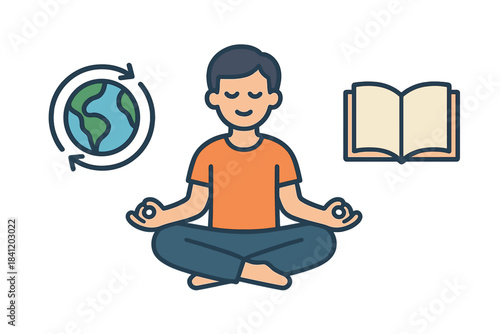 Person sits in a cross-legged pose while meditating with symbols of the earth and a book nearby