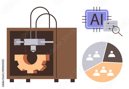 3D printer crafting cogwheel, AI chip with settings and magnifying lens, team member pie chart. Ideal for technology, innovation, industry, engineering, AI, teamwork modern manufacturing themes
