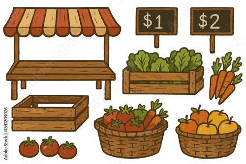 Market stand with wooden items and price signs showing different fruits and vegetables for sale