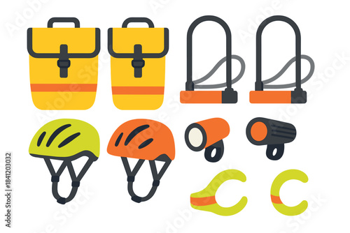 Bike safety equipment and accessories for weekly cycling activities stored neatly in a vibrant layout
