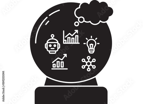 Black crystal ball with thought bubble and icons symbolizing business growth and ideas