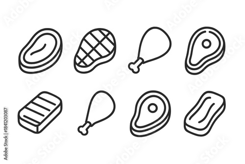 Different types of meat pieces arranged on a flat surface showing shape and outline