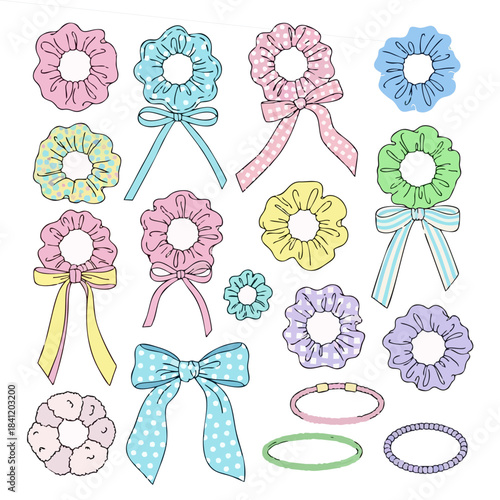 Collection of colorful, hand-drawn hair accessories including scrunchies and bows