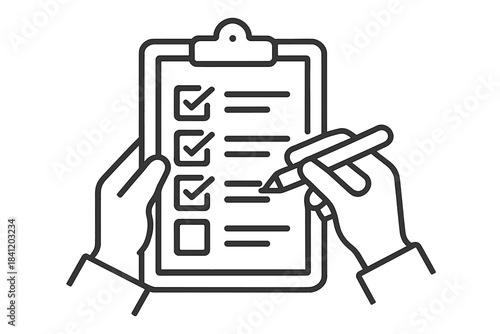 Person writes on a checklist while holding a clipboard and pen in an indoor setting during daytime