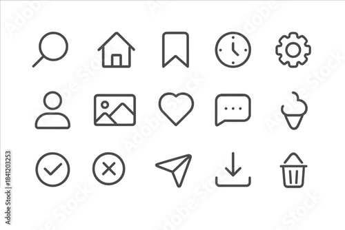 Collection of simple icons showing various tools and symbols for user interface in a digital environment for design purposes
