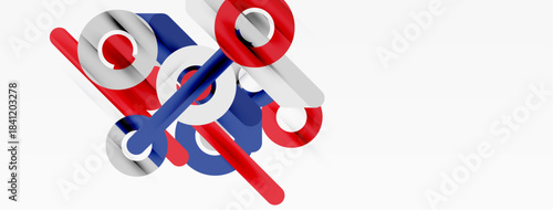 Abstract composition featuring colorful cylindrical shapes. Red, white, blue elements create dynamic visual interest. Minimalist design, clean background.