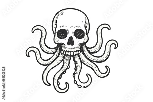Skull and octopus design with tentacles and chain in black and white drawing on plain background