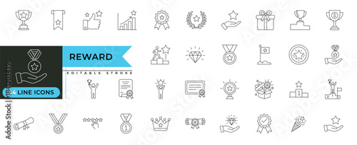 Reward and achievement line icons set featuring trophies, medals, awards, success symbols, performance recognition, motivation, leadership, milestone celebration and accomplishment elements