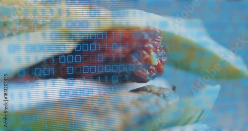 Cam panning downleft, taco with lime revealing red salsa while binary code scrolling showing detail