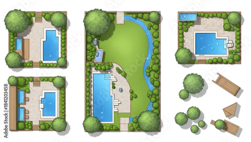 Vector collection of landscape design elements. Top down view of garden plan symbols with trees and pools

