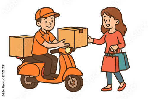 Delivery person hands over packages to customer near home in busy neighborhood