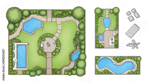 A set of three garden pool layouts with paths and trees on